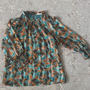Printed mid-sleeve Blouse in Teal and Browns